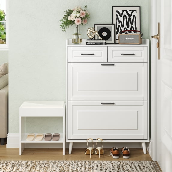 VEANERWOOD Shoe Storage Cabinet with 2 Flip Drawers, Wooden Shoe Rack with Removable Shoe Bench for Entryway, White