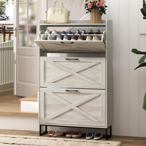 VEANERWOOD Shoe Storage Cabinet with 3 Flip Drawers & Metal Legs for Entryway, Narrow Shoe Rack Cabinet, Beige