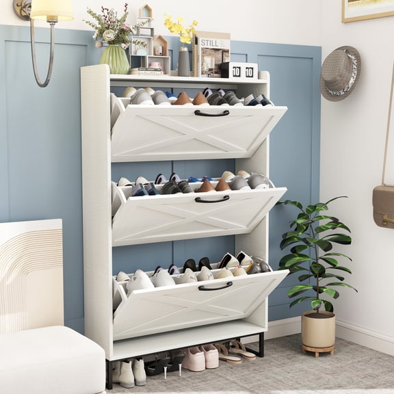 VEANERWOOD Shoe Storage Cabinet with 3 Flip Drawers & Metal Legs for Entryway, Narrow Shoe Rack Cabinet, White