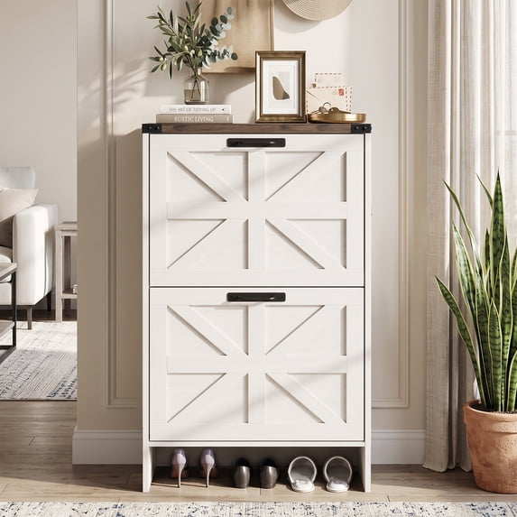 VEANERWOOD Farmhouse Shoes Cabinet With 2 Flip Drawers, Shoe Rack Organizer For Entryway,White