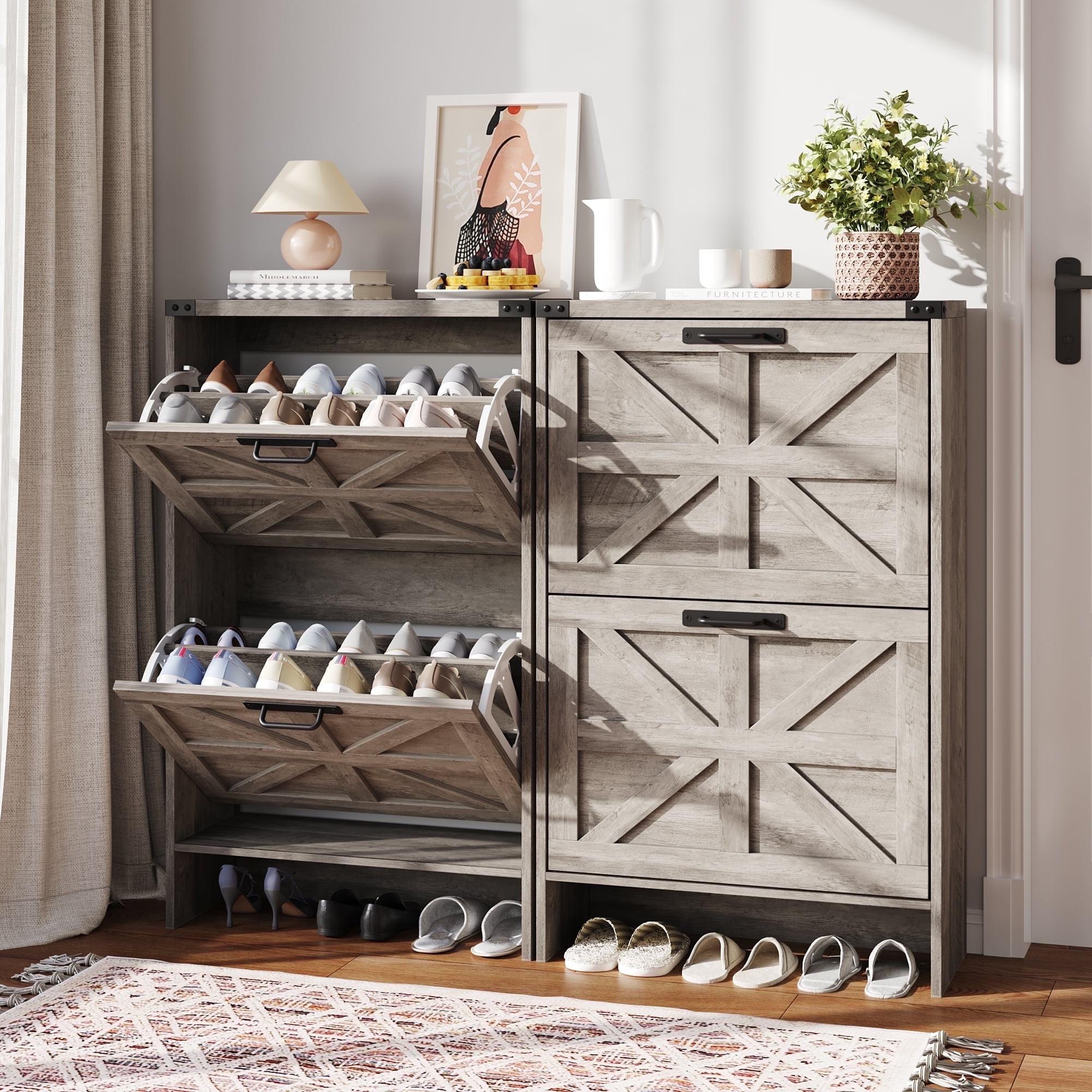 VEANERWOOD Shoes Storage Cabinet With Doors, Farmhouse Shoe Cabinet With 3 Flip Drawers For Entryway,White