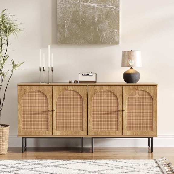 Sideboard Buffet Cabinet with 2 Rattan Doors, 31” Kitchen Storage Cabinet with Adjustable Shelf and Metal Legs for Dining Living Room, Hallway, Entryway, Beige