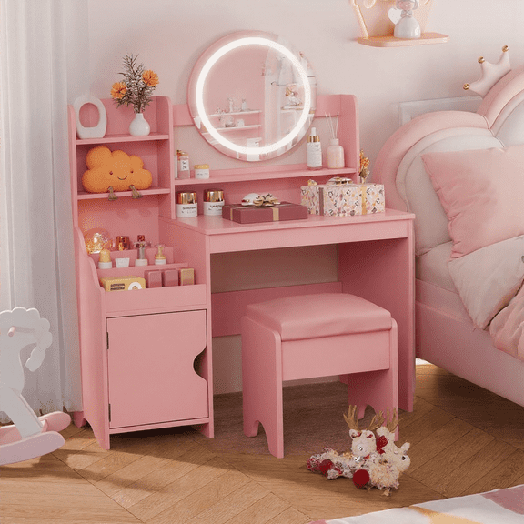 VEANERWOOD Small Vanity Table Set with Mirror and Lights for Women Princess and Girls, Dressing Table with Open Bookshelf & Large Storage Space