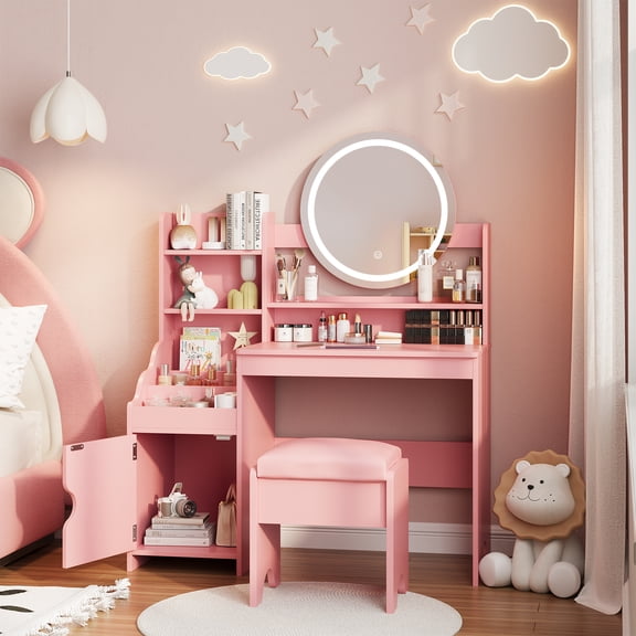 VEANERWOOD Small Vanity Table Set with Mirror and Lights for Women Princess and Girls, Dressing Table with Open Bookshelf & Large Storage Space
