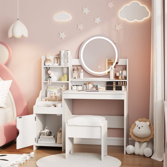 Veanerwood Kids Vanity Table and Chair Set, Vanity with Chair for Girls with Open Bookshelf & Large Storage Space, White
