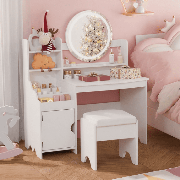 VEANERWOOD Small Vanity Table Set with Mirror and Lights for Women Princess and Girls, Dressing Table with Open Bookshelf & Large Storage Space