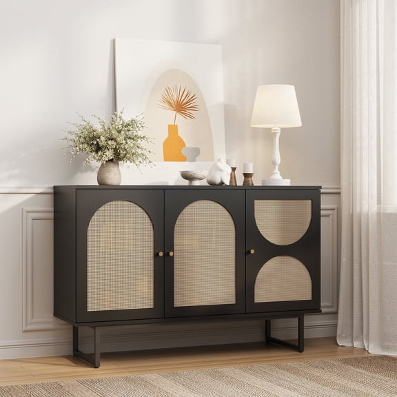 Sideboard Buffet Cabinet with 3 Rattan Doors, 47.2” Kitchen Storage Cabinet with Adjustable Shelf and Metal Legs for Dining Living Room, Hallway, Entryway, Black