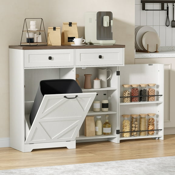 VEANERWOOD Tilt Out Trash Cabinet for 13 Gallon Garbage Can, Kitchen Storage Cabinet with Remove Odor, 2 Drawer and Spice Rack, White