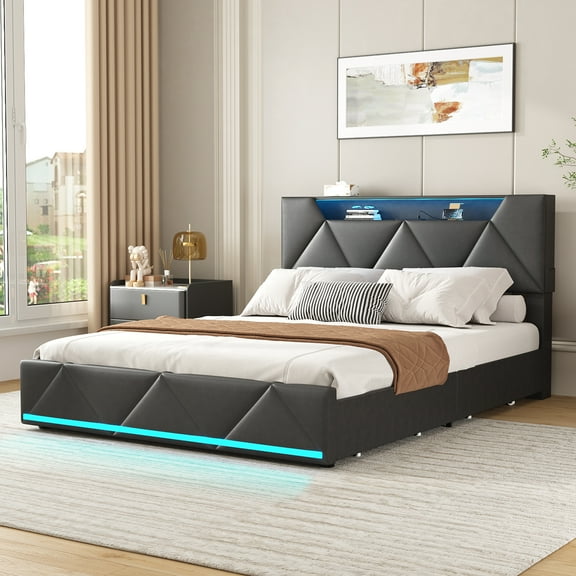 VEANERWOOD Twin Bed Frame with Storage Headboard and 4 DrawersUpholstered Plarform with Built in Charging Station and Adjustable Led Lights, Black