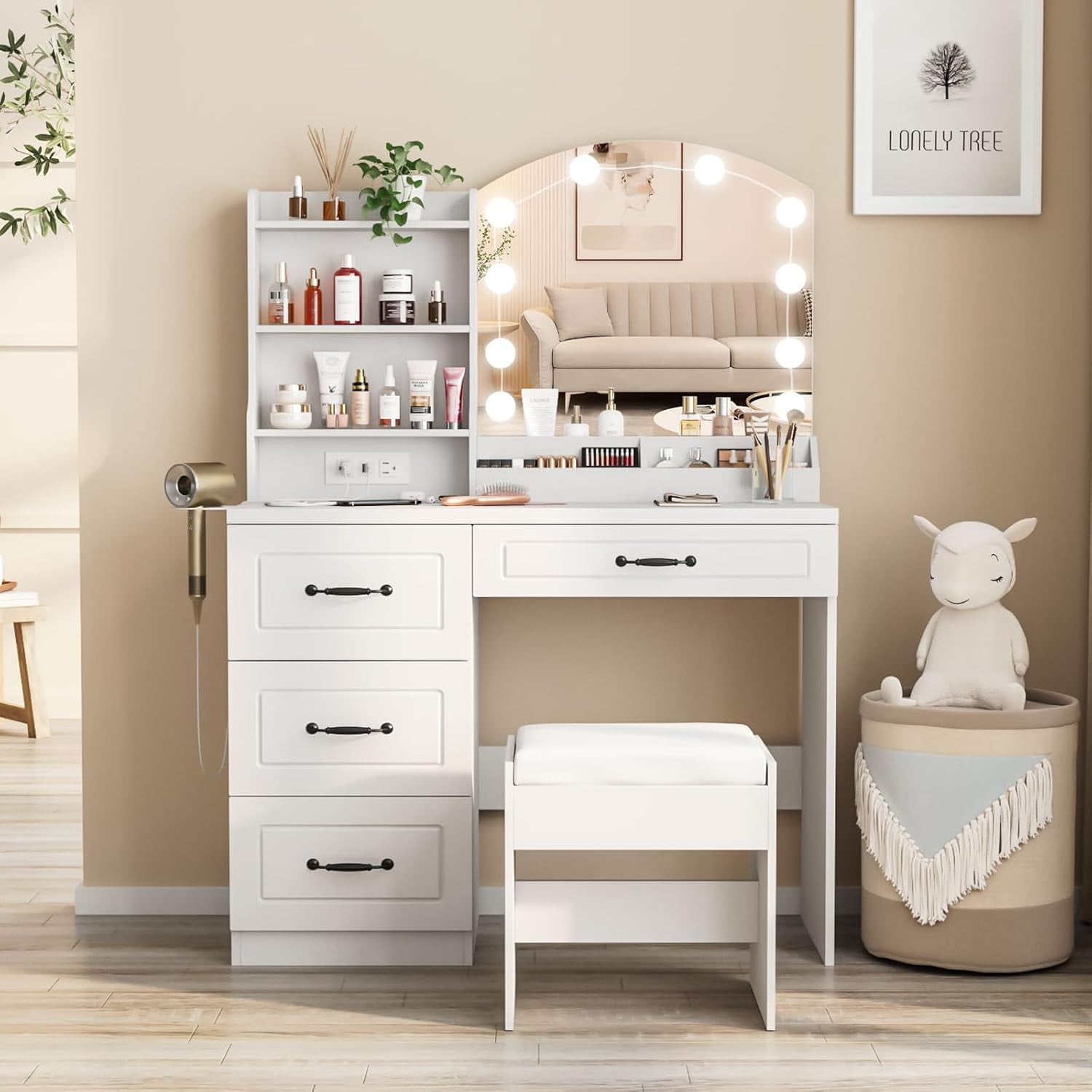 VEANERWOOD Vanity Desk Set with Lights and Power Strip,4 Drawers Vanity Set Makeup Table, 3 Lighting Colors, White