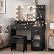 Black Vanity Set with Mirror and Lights, Modern Makeup Table with Charging Station