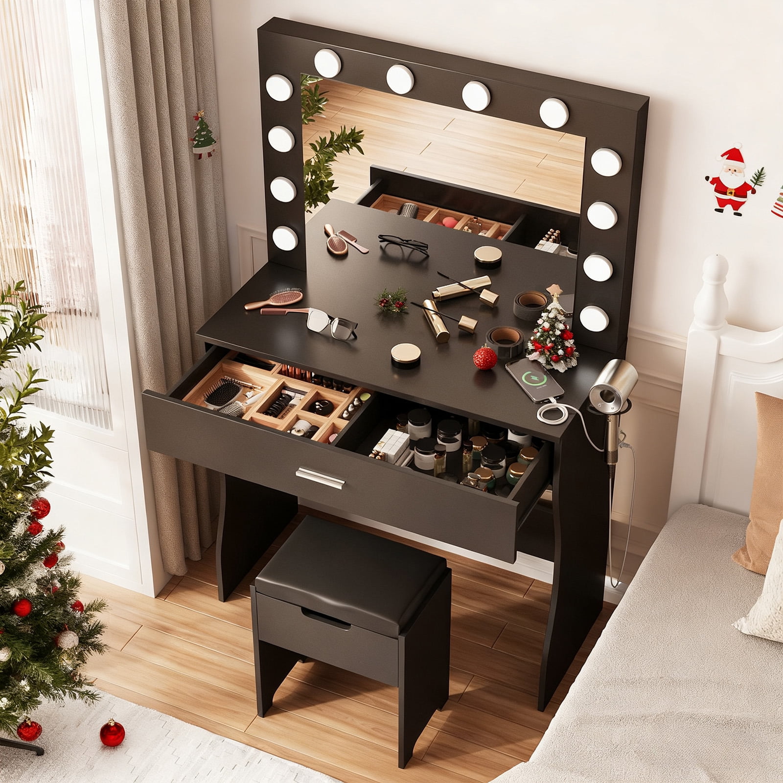 VEANERWOOD Vanity Set with 3 Color Lighted Mirror Makeup Table 55" with Charging Station Large Drawer, Black