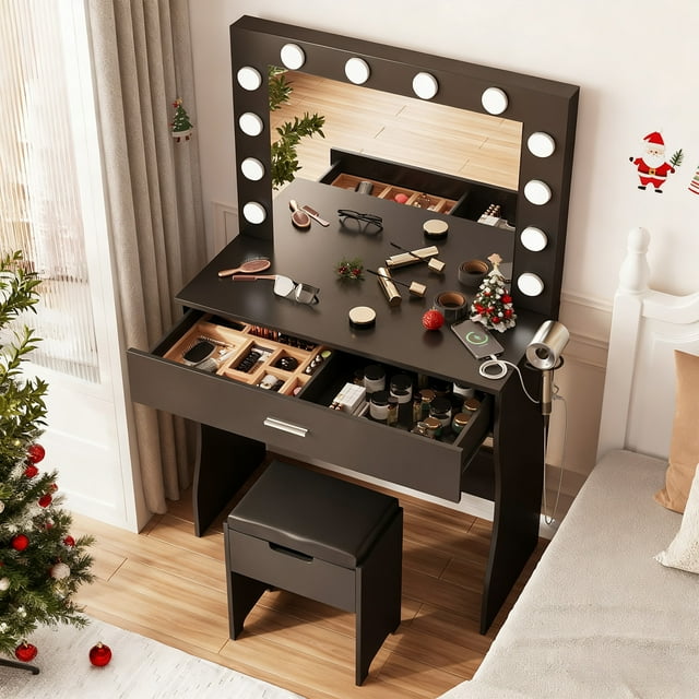 VEANERWOOD Vanity Set with 3 Color Lighted Mirror Makeup Table 55" with Charging Station Large Drawer, Black