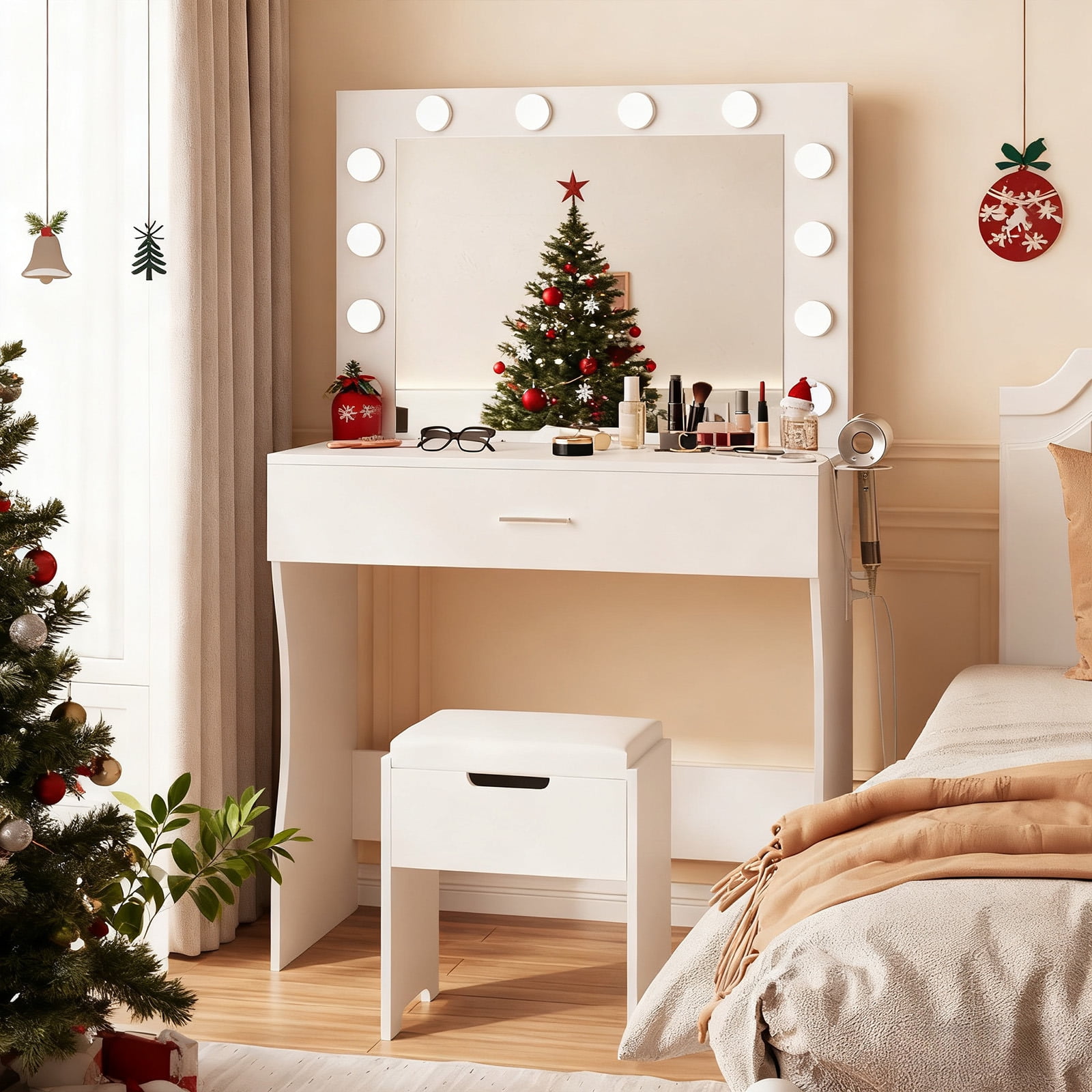 VEANERWOOD Vanity Set with 3 Color Lighted Mirror Makeup Table 55" with Charging Station Large Drawer, White