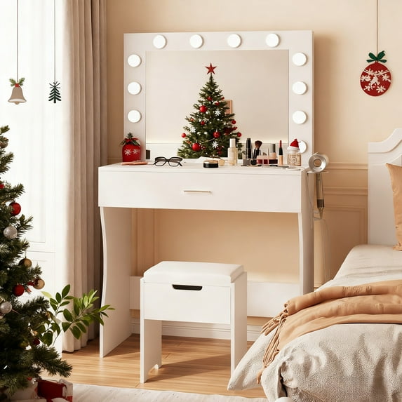 VEANERWOOD Vanity Set with 3 Color Lighted Mirror Makeup Table 55" with Charging Station Large Drawer, White