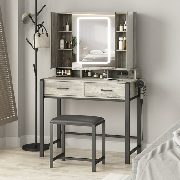 VEANERWOOD Vanity Set with Lighted Tri-Fold Mirror Vanity Set with Hidden Storage Shelves and 2 Drawers,3 Color Lighting Modes