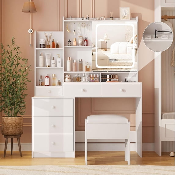 VEANERWOOD Vanity Table Set with LED Lighted Mirror Makeup Vanity Table with 6 Drawers and Hidden Shelves,White