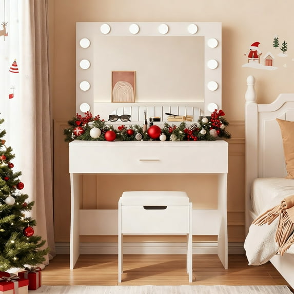 Vanity Table Set with Lighted Mirror,Makeup Vanity with Lights, Large Drawer Sturdy Wood Vanity, White
