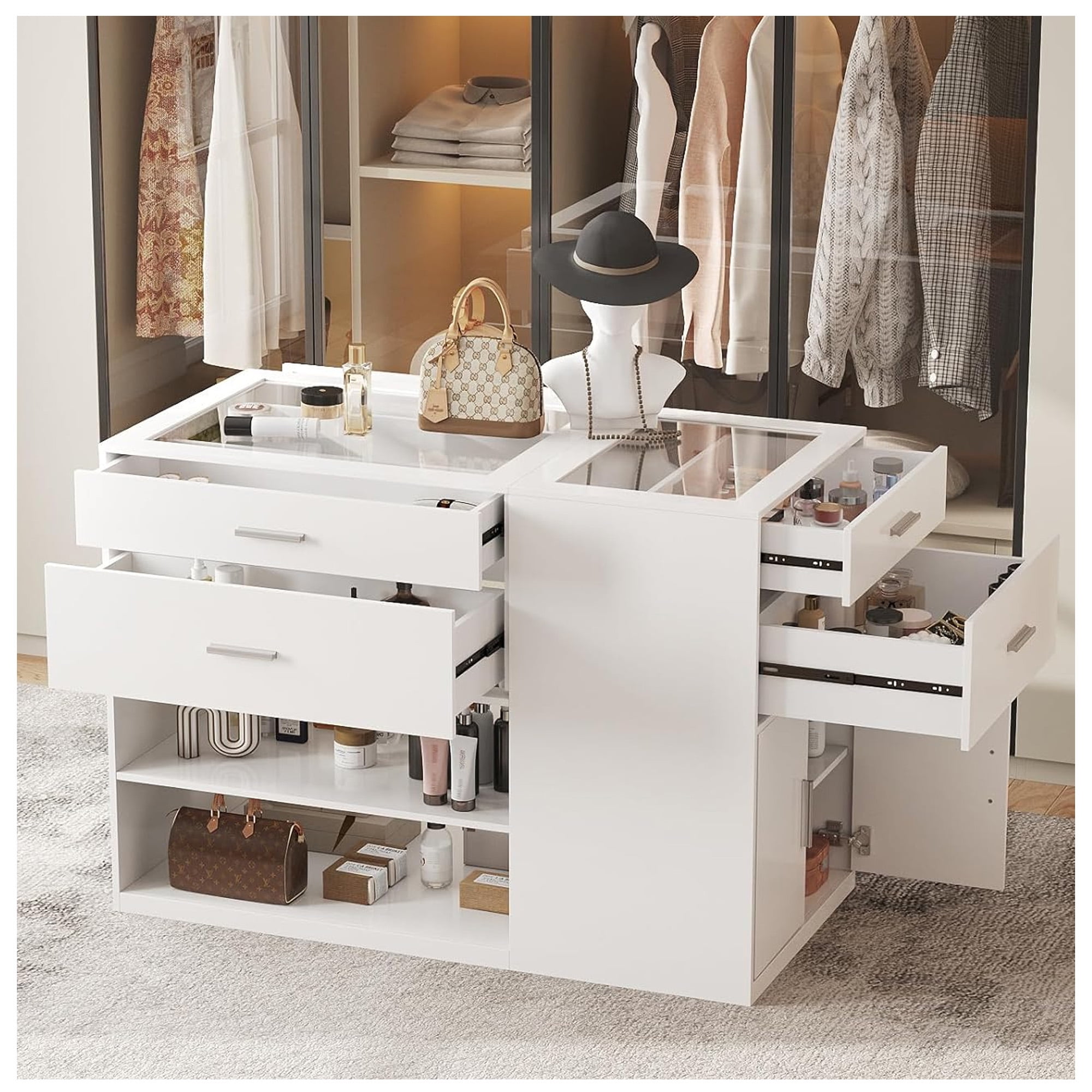 VEANERWOOD White Closet Island dresser with Glass Top, Wardrobe Armoire ...
