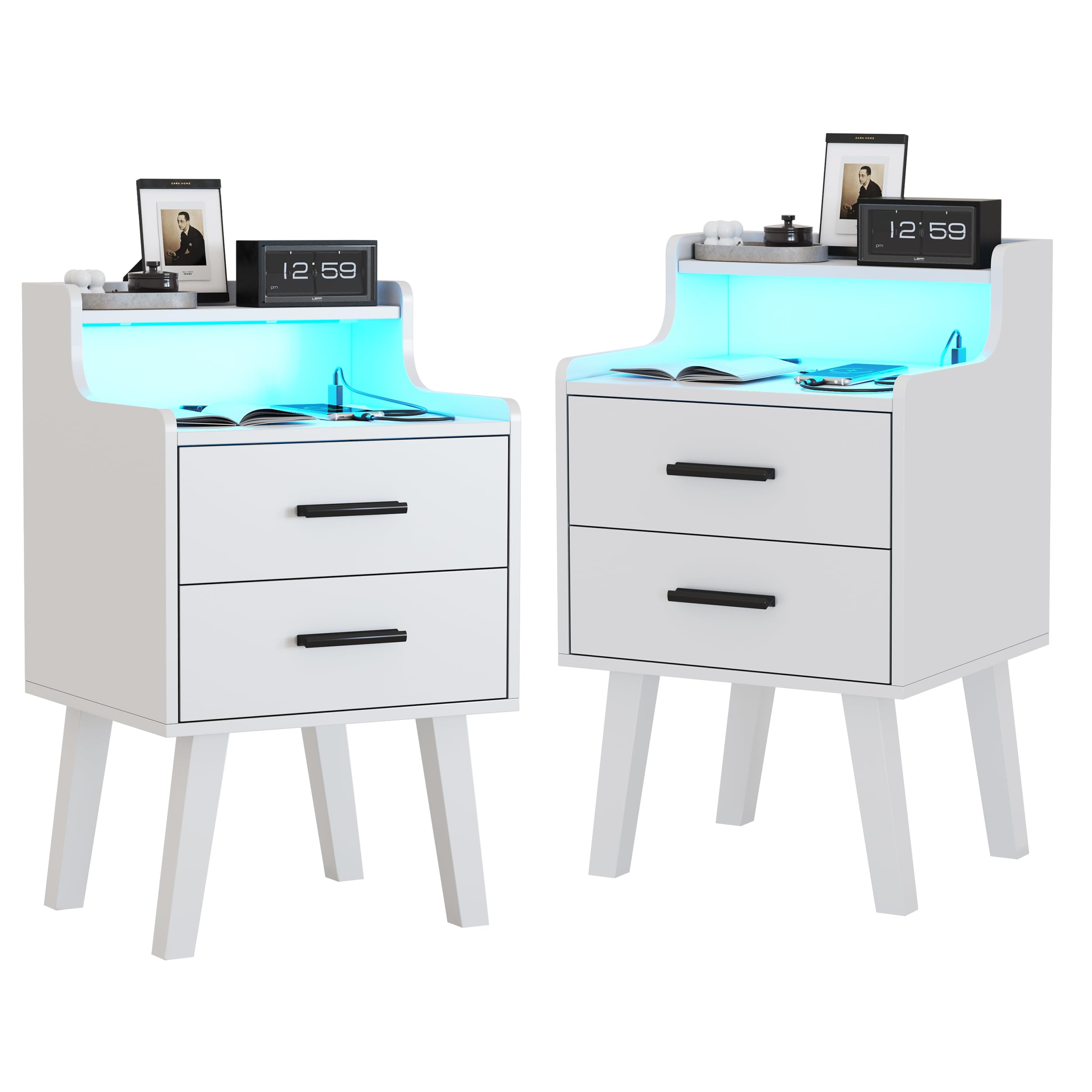 VEANERWOOD White Nightstand with Charging Station, Night Stand Set 2