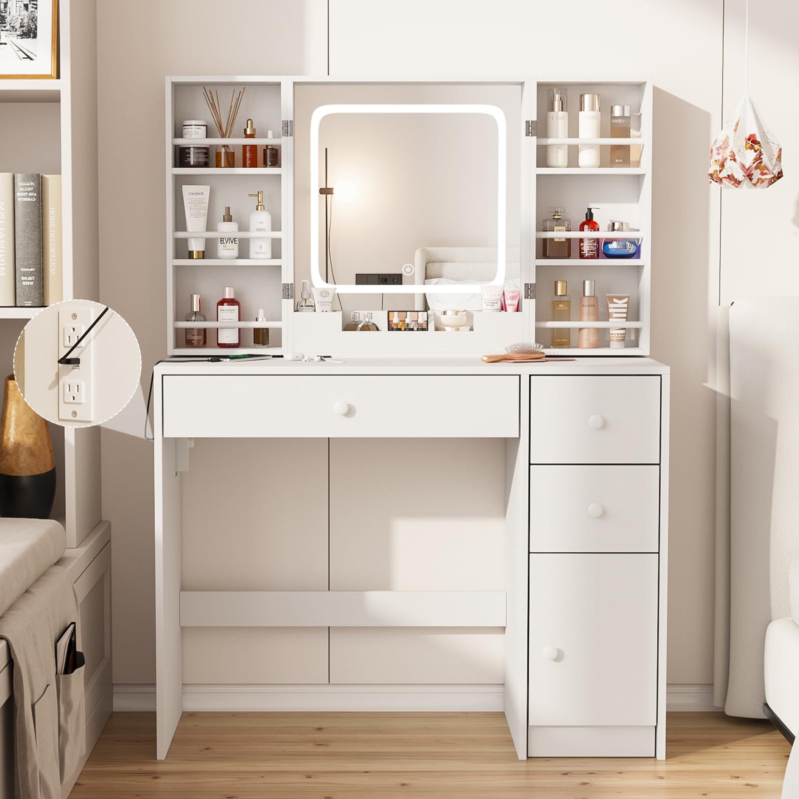 Vanity Desk with Mirror and Lights in 3 Colors,Vanity Makeup Desk with