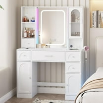 VEANERWOOD White Vanity Desk with Mirror and Lights, Makeup Vanity with RGB Lights and Power Strip, Makeup Desk Vanity Table with 5 Drawers Lots Storage & Time Display,41.3in(L)