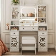 thumbnail image 1 of VEANERWOOD White Vanity Desk Set with Mirror, Makeup Desk with Charging Station & Visible Cabinet Cushioned Stool for Bedroom, 1 of 8