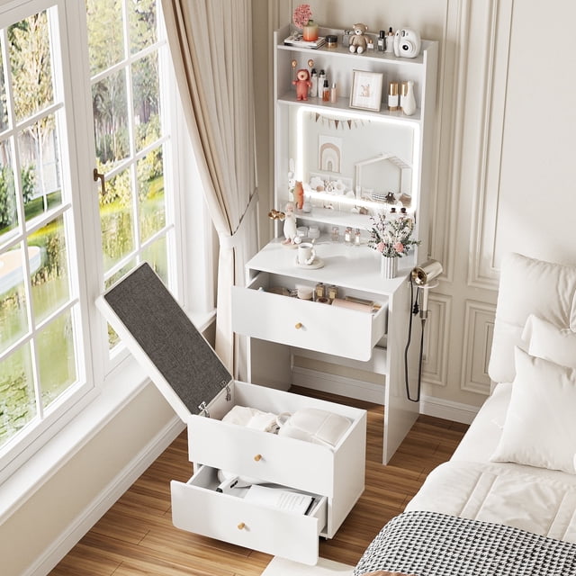 VEANERWOOD White Vanity Desk Set for Small Spaces, 23.62” Small Makeup Vanity Table with Rolling Stool, Lighting Mirror & Charging Station for Girls
