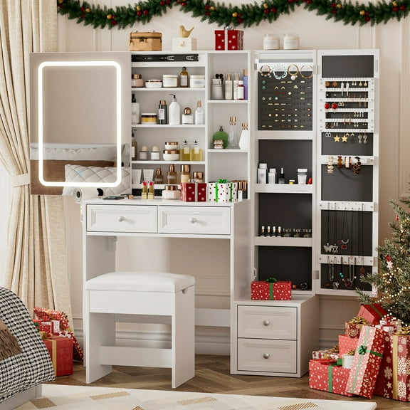 VEANERWOOD White Vanity Desk with Sliding Mirror & Lights, Vanity Table Makeup Desk with Large Jewelry Cabinet, 4 Drawers, Lots of Storage Shelves, Charging Station, Cushioned Stool
