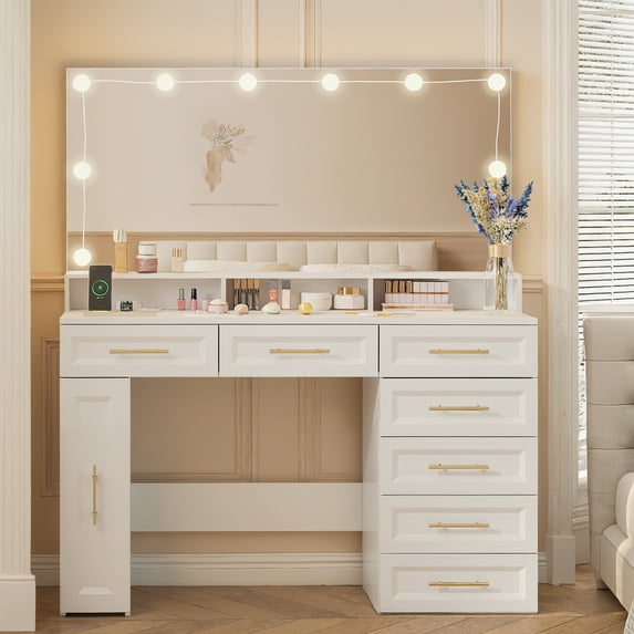 VEANERWOOD White Vanity Desk with Mirror & LED Lights, Makeup Table with Charging Station & 7 Drawers, Jewelry Cabinet, Charging Station