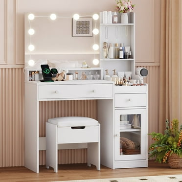 Veanerwood 39.8" White Vanity Desk with Mirror and Lights, Modern Makeup Table with Charging Station and Storage