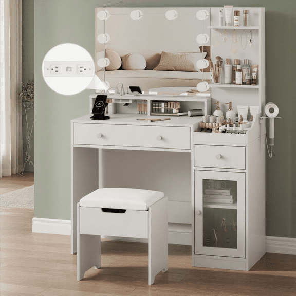 Veanerwood 39.8" White Vanity Desk with Mirror and Lights, Modern Makeup Table with Charging Station and Storage