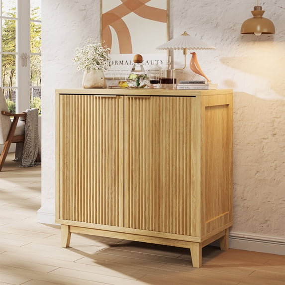 VEANERWOOD Wine Bar Cabinet with 2 Door Fluted Texture, Kitchen Sideboard Buffet with Wine Rack&Glass Holder for Living Room