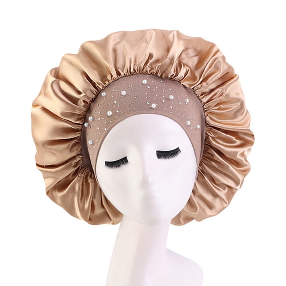 VEAREAR Women Bonnet Cap Solid Color Faux Pearls Rhinestone Elastic Band Bouffant Hat for Hair Salon