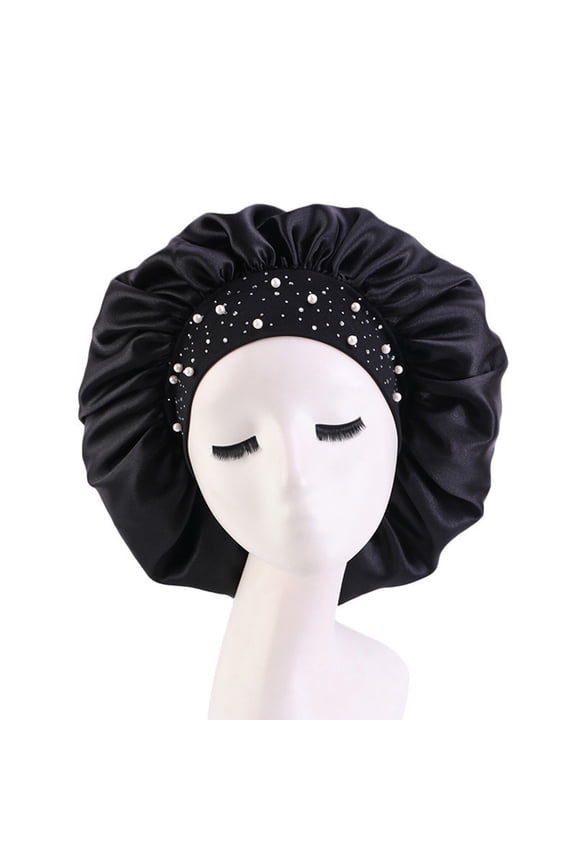 Women Bonnet Cap Solid Color Faux Pearls Rhinestone Elastic Band Bouffant Hat for Hair Salon