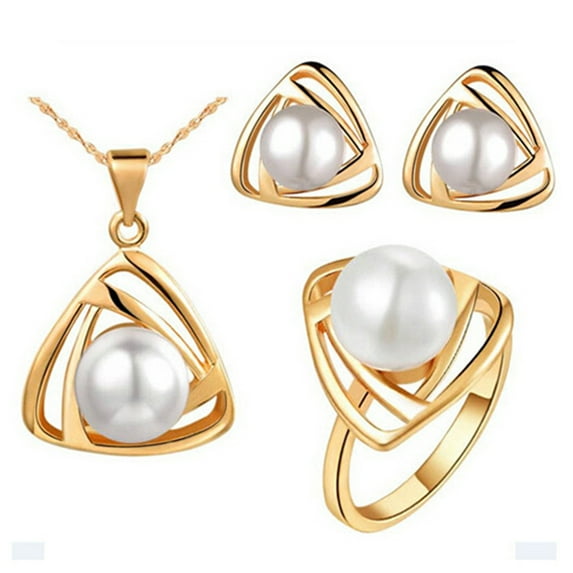 VEAREAR Women's Party Jewelry Set Faux Pearl Triangle Pendant Necklace Earrings Ring