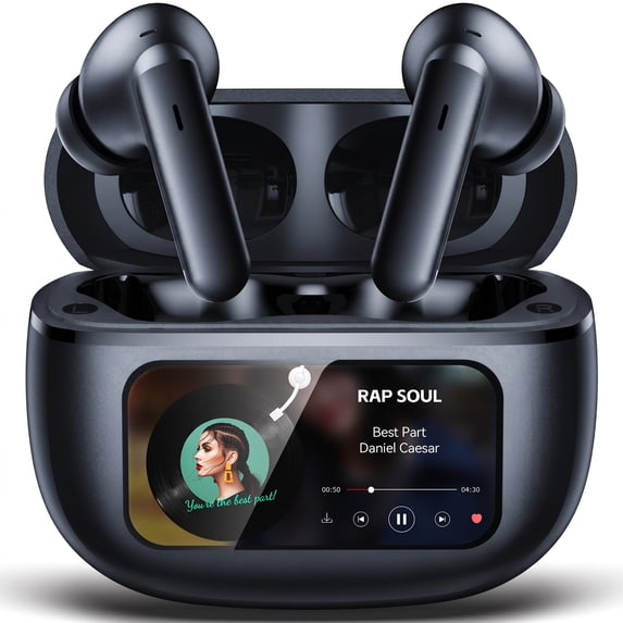 VEAT00L Active Noise Cancelling Wireless Earbuds with Smart Touch Screen, HiFi Stereo Sound, ENC Clear Call Ear Buds, 80H Playtime, IPX7 Waterproof, Transparency Mode,5 EQ for iOS Android
