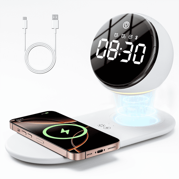 VEATOOL Alarm Clock Speaker Wireless Charger, Digital Alarm Clocks Bedrooms Bluetooth, Alarm Clock Dimmable Light Bedrooms Dual Alarm Snooze Dimmer Gift Ideas for Teens Heavy Sleepers Adults