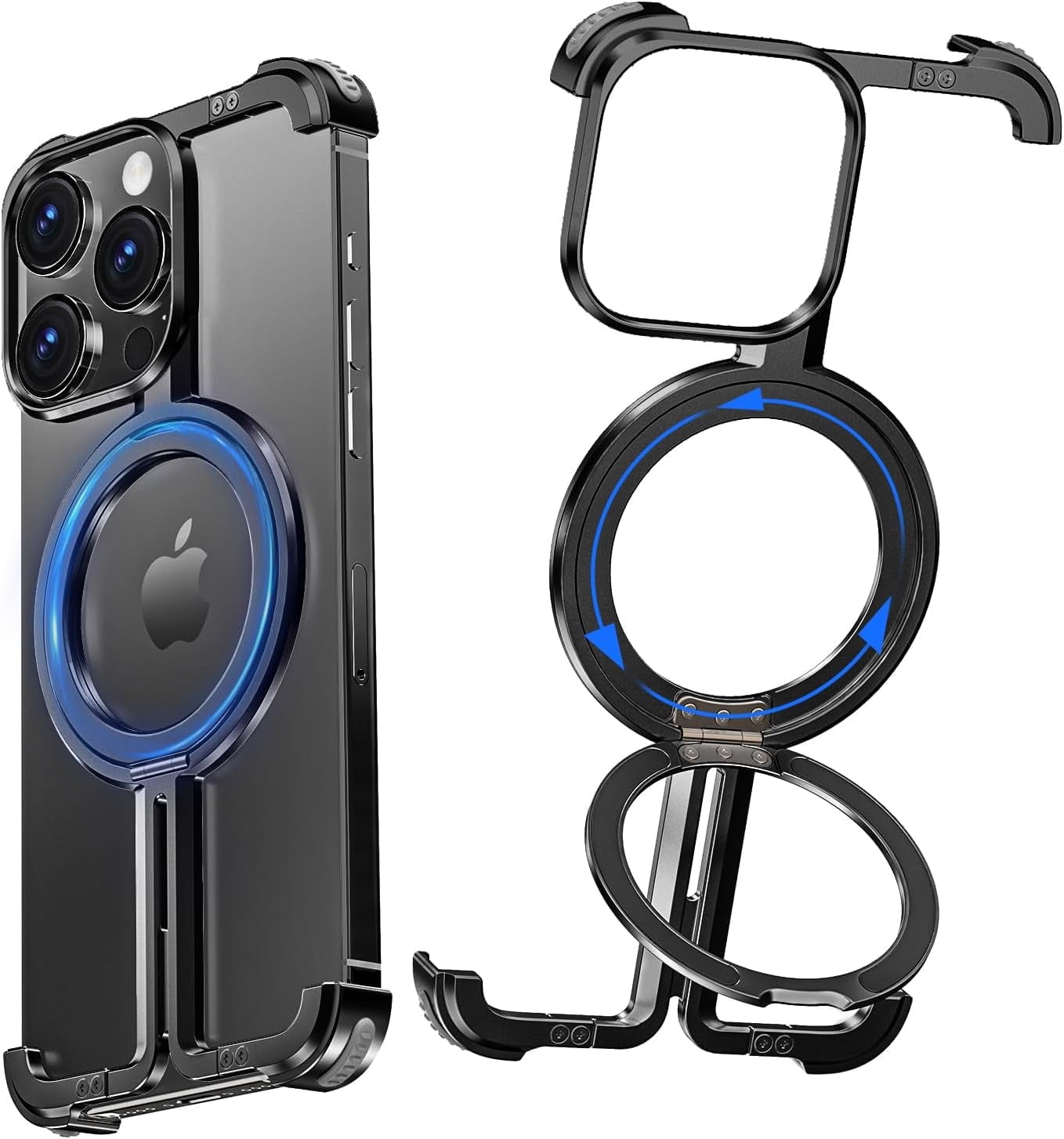 VEAT00L Frameless Magnetic Case for iPhone 16 Pro Max,Metal Kickstand 360 Rotatable Stand for MagSafe,Aluminum Minimalist Slim Bumper Shockproof Protective Cover for 16 Pro Max with Ring Holder