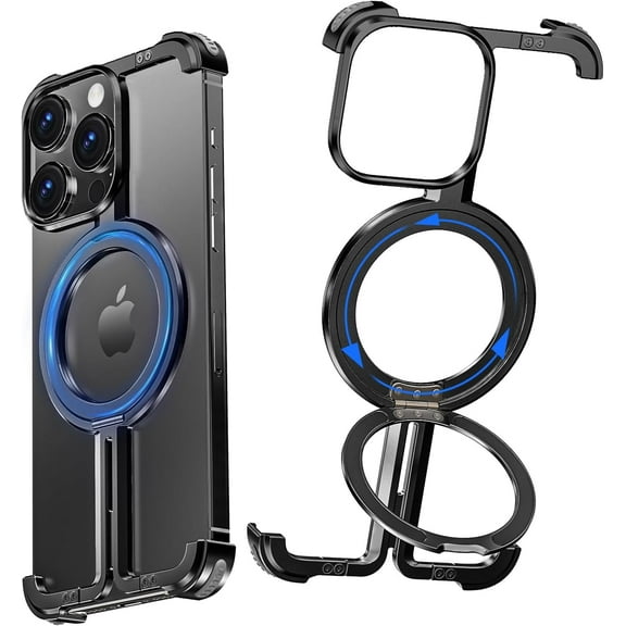 VEAT00L Frameless Magnetic Case for iPhone 16 Pro Max,Metal Kickstand 360° Rotatable Stand for MagSafe,Aluminum Minimalist Slim Bumper Shockproof Protective Cover for 16 Pro Max with Ring Holder