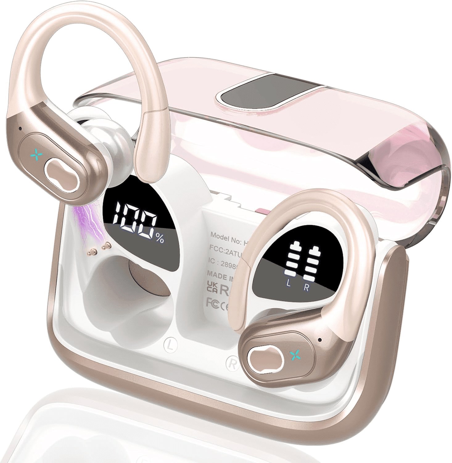 Headphones Wireless Earbuds Sport, Bluetooth 5.3 Over Ear Buds Stereo Deep Bass Headset with Earhooks, 80H Dual LED Display Wireless Earphones with ENC Noise Canceling Mic,for Running/Workout