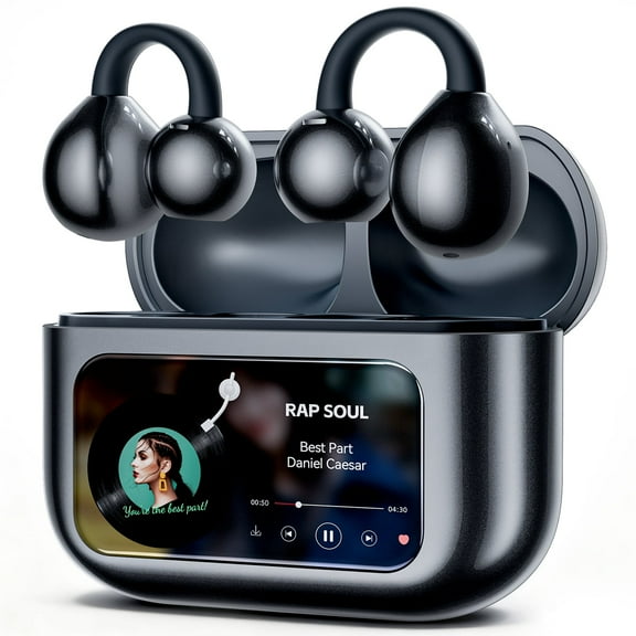 VEATOOL Open Ear Clip-On Earbuds, LCD Touch Screen,Bluetooth 5.6 Sports Earphones,ENC Call Noise Cancelling Earphones with Mic,Ear Clip Earbuds
