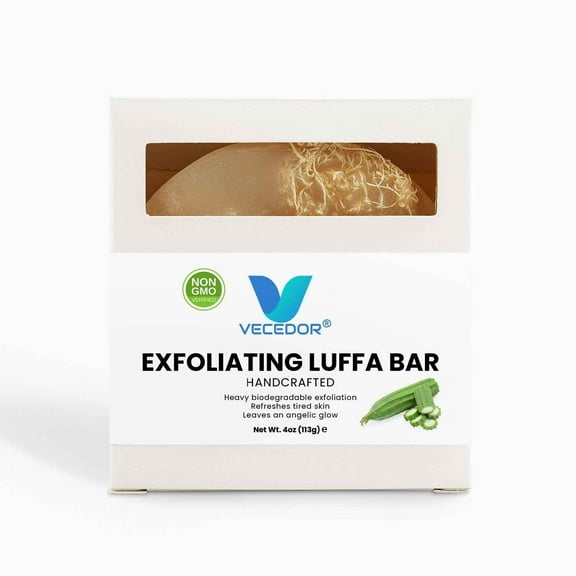VECEDOR Exfoliating Luffa Bar  Natural Loofah Soap for Deep Cleansing  Smooth, Glowing Skin  Gentle Body Scrub, 4oz
