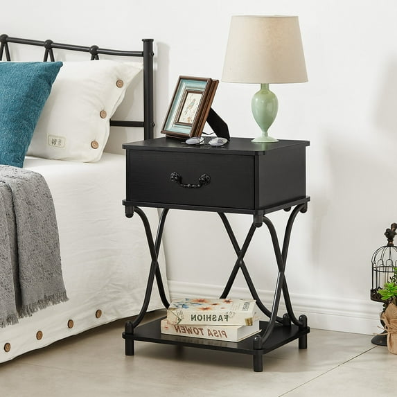 VECELO 1-Drawer Nightstand with Storage Shelf, Modern X Design End Side Table, Black
