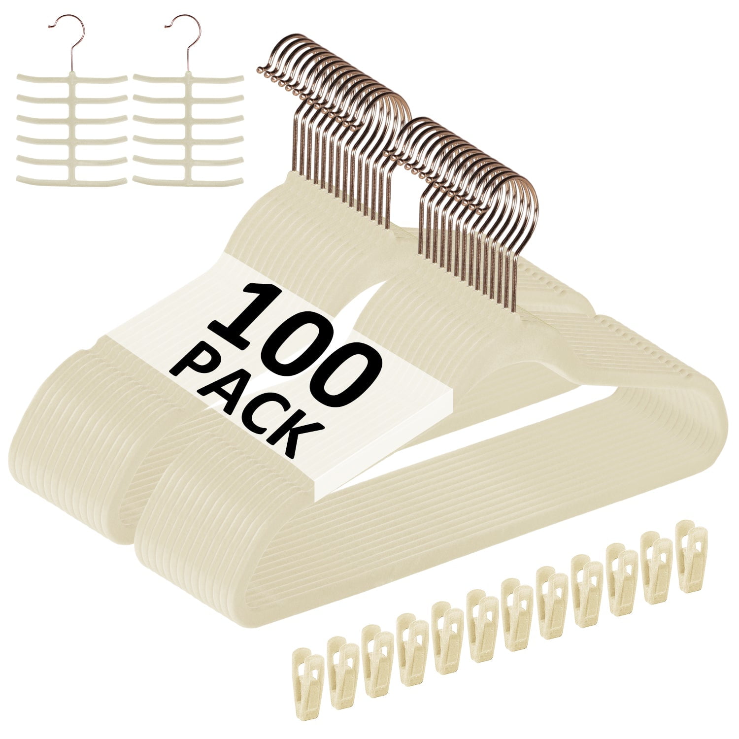 VECELO 100 Pack Velvet Non-Slip Heavy Duty Adult Hangers with 360° Swivel Hook, Ultra-Thin Space Saving Clothes Organizer for Coats Shirts Dresses Closet Storage-Beige