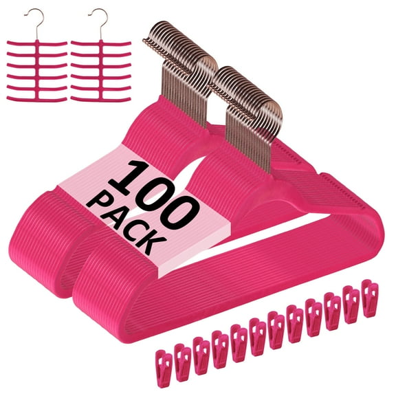 VECELO 100 Pack Velvet Non-Slip Heavy Duty Adult Hangers with 360° Swivel Hook, Ultra-Thin Space Saving Clothes Organizer for Coats Shirts Dresses Closet Storage-Red