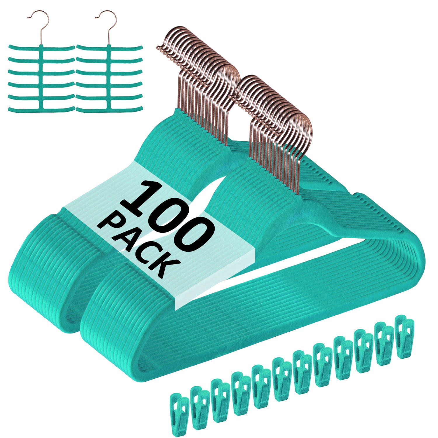 VECELO 100 Pack Velvet Non-Slip Heavy Duty Adult Hangers with 360° Swivel Hook, Ultra-Thin Space Saving Clothes Organizer for Coats Shirts Dresses Closet Storage-Green