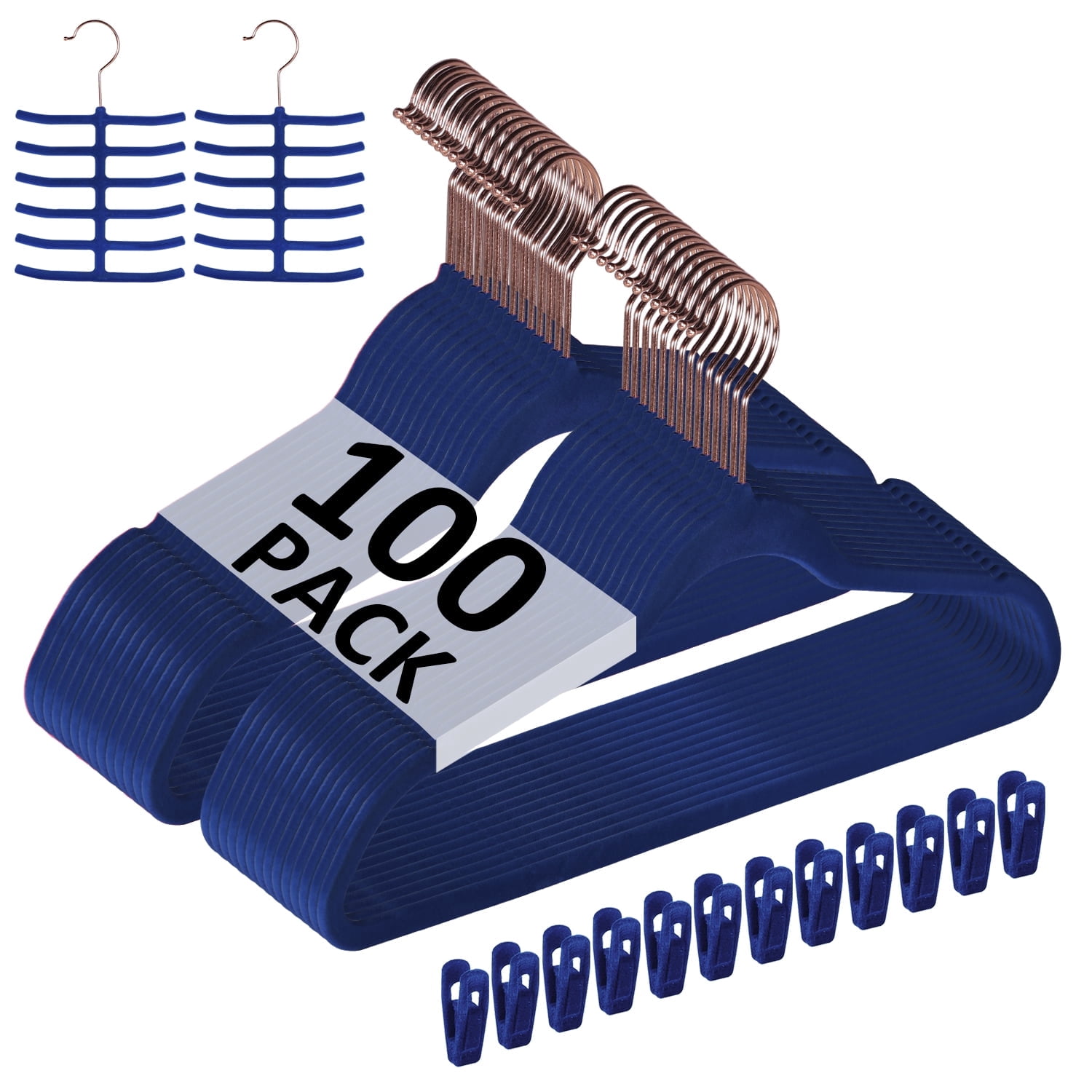 VECELO 100 Pack Velvet Non-Slip Heavy Duty Adult Hangers with 360° Swivel Hook, Ultra-Thin Space Saving Clothes Organizer for Coats Shirts Dresses Closet Storage-Blue