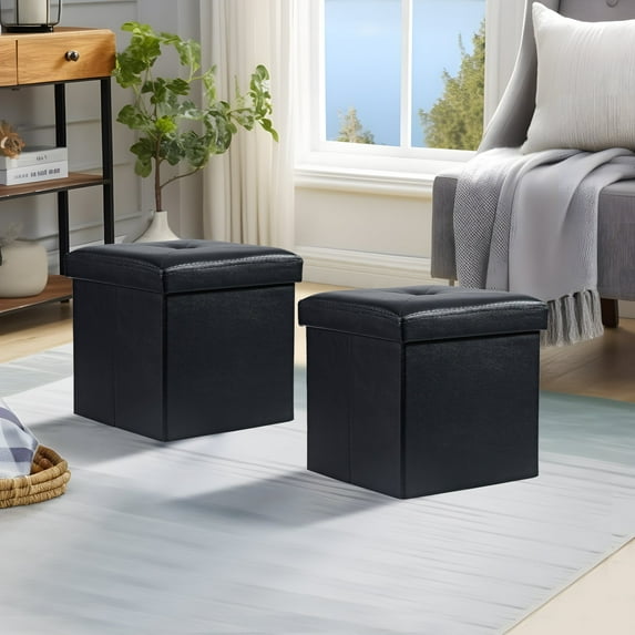 VECELO 12" Folding Storage Ottoman Bench, Set of 2, Faux Leather Footrest Couch for Living Room Bedroom Hallway, Black