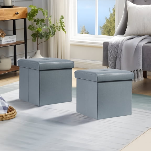 VECELO 12" Folding Storage Ottoman Bench, Set of 2, Faux Leather Footrest Couch for Living Room Bedroom Hallway, Gray